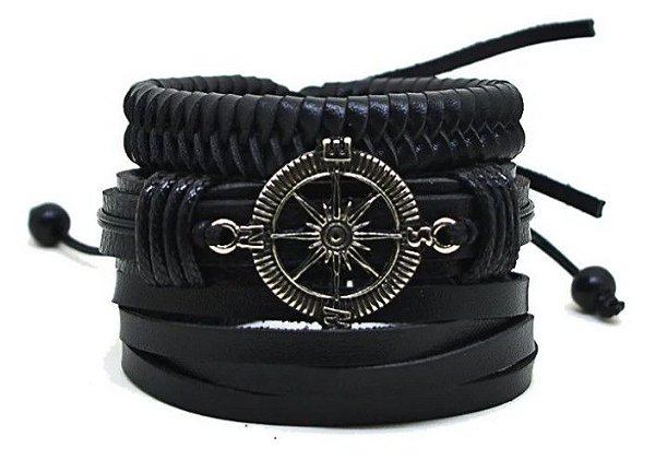 Pulseira Masculina Bússola Trança Social Tiras Kit 3 Peças