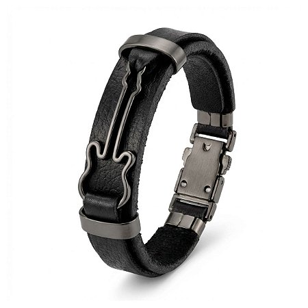 Pulseira Couro Masculina Guitarra Violão Bicudos Acessórios 19cm