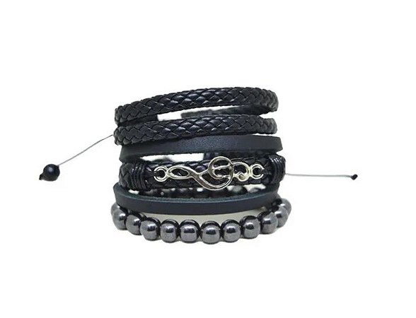 Pulseira De Couro Preto Clave De Sol Pedra Hematita Kit 3 Combo