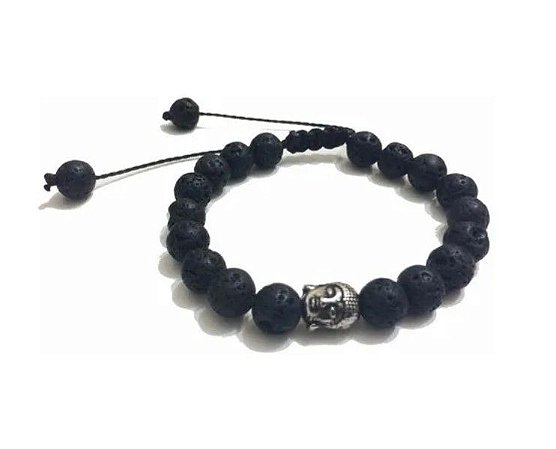 Pulseira Masculina Bolinha Pedra Vulcânica Buda Regulável