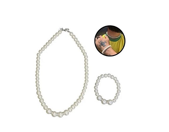 Colar Pérola Masculino Feminino Gargantilha + Pulseira Kit