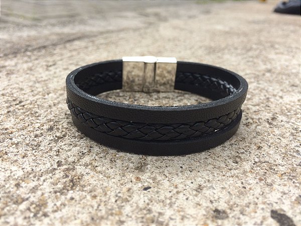 Pulseira em Couro Preto e Trançado Social Fecho Imã