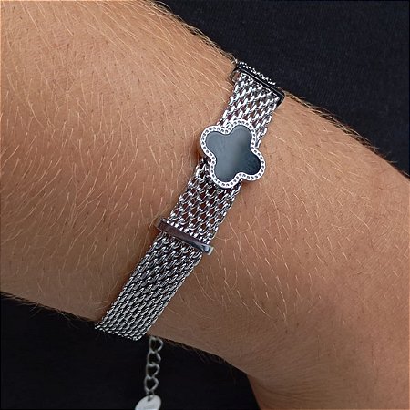 Pulseira Virginia Alhambra Vintage Luxo Prateada Preto Grife