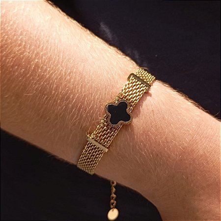 Pulseira Feminina Virginia Trevo Alhambra  Dourado Preto Grife