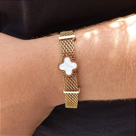 Pulseira Virginia Alhambra Vintage Luxo Dourada Branca Grife