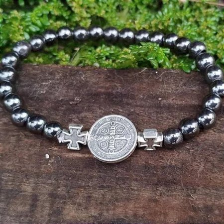 Pulseira Pedra Natural Hematita Católica São Bento Luxo
