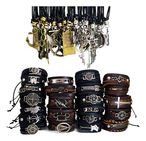 Colar Masculino /fem. E Pulseira De Couro 50 Peças Atacado