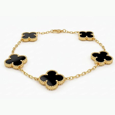 Pulseira Trevo Preto Aço Inox Dourado Premium Alhambra Luxo