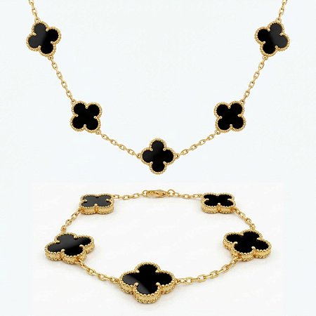 Kit Colar e Pulseira Trevo Preto Aço Inox Dourado Premium