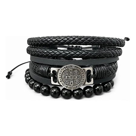 Kit 3 Pulseira De Couro São Bento Medalha Pedra Ônix Preta