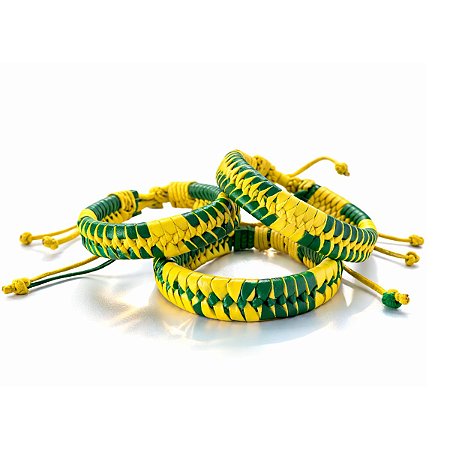 Kit 3 Pulseira Couro Trançado Brasil Copa do Mundo Futebol