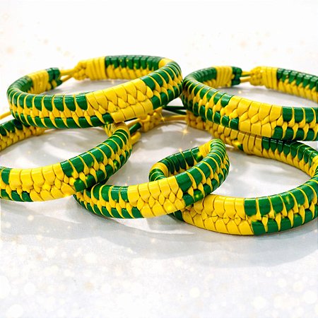 Kit 12 Pulseira Couro Trançado Brasil Copa do Mundo Futebol