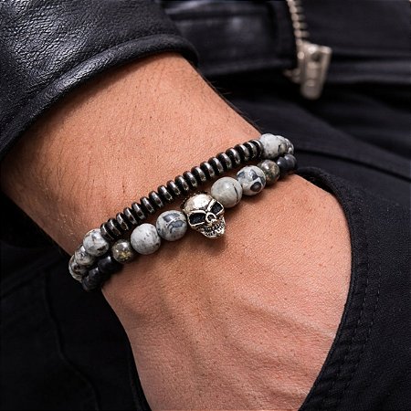 Kit 2 Pulseiras Masculinas Ônix Hematita Jaspe Caveira