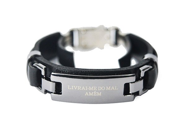 Pulseira De Couro Livrai-me Do Mal Amém Verniz Masculina Preto Marrom