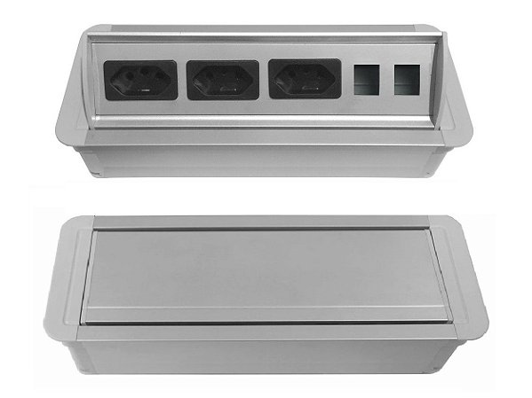 Caixa De Tomada Alumínio SLIM-AW3T Com 3 Tomadas + Posições RJ45