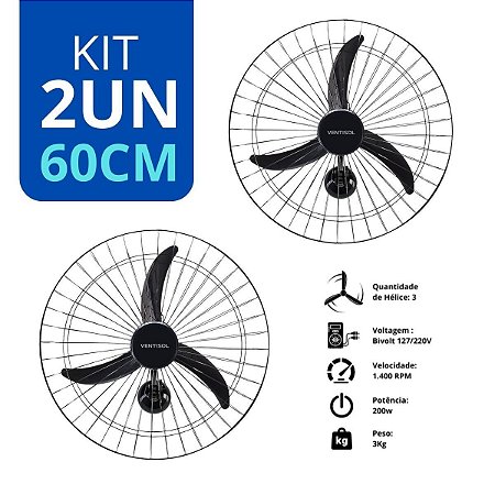 Kit 2 Ventilador de Parede Oscilante 60cm 200w Bivolt Preto Ventisol