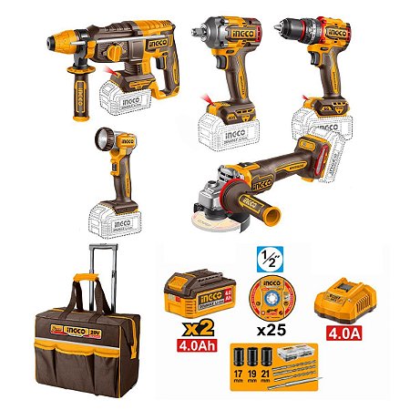 Kit Ingco 20V Brushless 5 Peças Parafusadeira Impacto Esmerilhadeira Martelete 2 Baterias Maleta Profissional