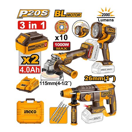 Combo 3 Ferramentas 20V Brushless Esmerilhadeira Martelete Lanterna 2x4Ah Ingco