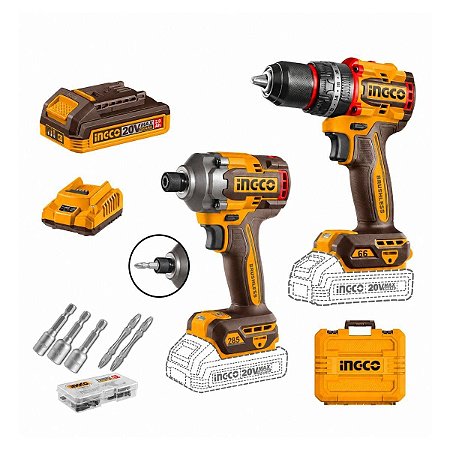 Combo 2x Paraf + Chave de Impacto 20V 1/2 66Nm 1/4 285Nm C/ 2 Baterias 2Ah Ingco