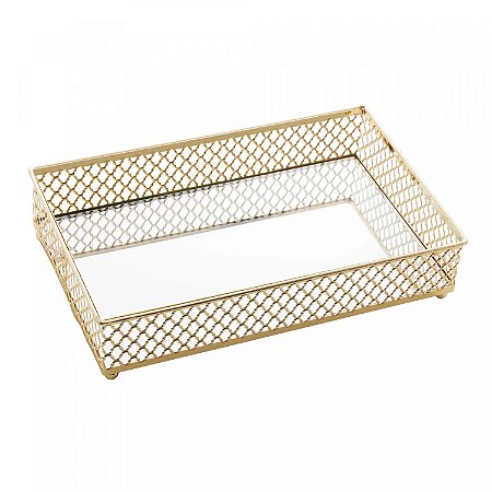 BANDEJA DE METAL COM ESPELHO BARCELONA DOURADA | 21x13x5cm - Lyor