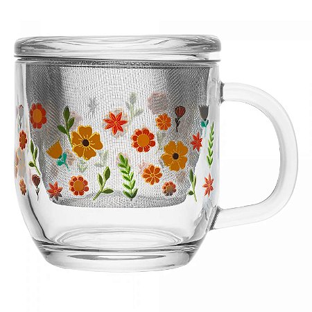 CANECA EM VIDRO COM INFUSOR E TAMPA PRIMAVERA | 330ml - Lyor