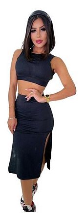 Conjunto Feminino Cropped Saia Canelado De Amarrar Com Bojo
