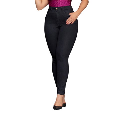 Calça Jeans Preta Feminina Super Lycra Skinny Cintura Alta