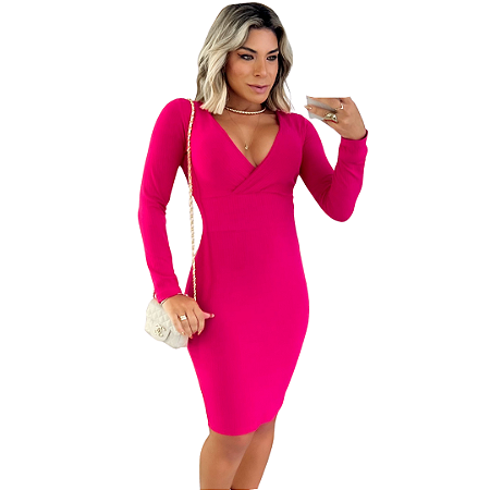 Vestido Midi Canelado Casua Manga Longa Rosa