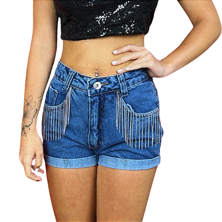 Shorts Jeans Com Franja de Correntes Moda Feminina Premium