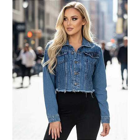 Jaqueta Jeans Feminina Cropped Com Strass Manga longa Luxo