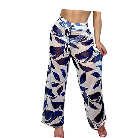 Saída De Praia Calça Pantalona Cintura Alta Moda Feminina Estampa Azul