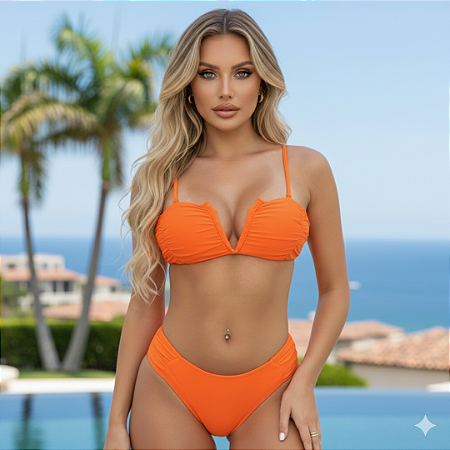 Biquíni Borboleta Com Aro em V Bojo Removível Feminino Top Laranja