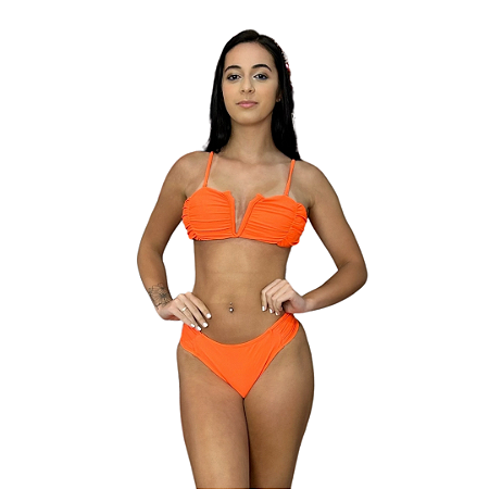 Biquíni Borboleta Com Aro em V Bojo Removível Feminino Top Laranja