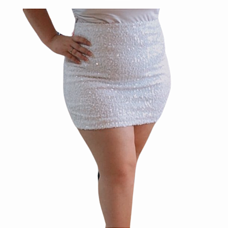 Saia Paetê Balada Feminina Cintura Alta Blogueira Balada Branco