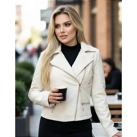 Jaqueta Courino Sintético Feminina Forrada Com Pelos Quente Off White