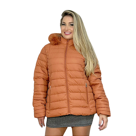 Jaqueta Feminina Plus Size De Nylon Puffer Capuz Impermeavel Terracota