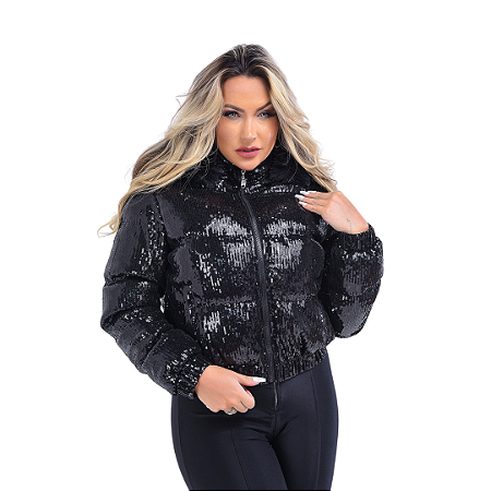 Jaqueta Puffer Feminina Paetê Moda Feminina Noite Luxuosa Preto