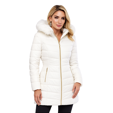 Jaqueta Alongada Parka Peluciada Acinturada Forrada Frio Branco