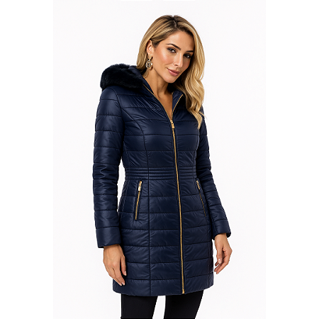 Jaqueta Alongada Parka Peluciada Acinturada Forrada Frio Dark Blue