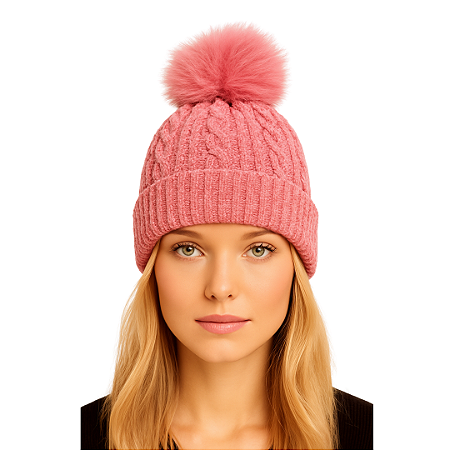 Gorro Touca de Lã Tricot Forrada co Pelúcia Fofinha Linda Rosa