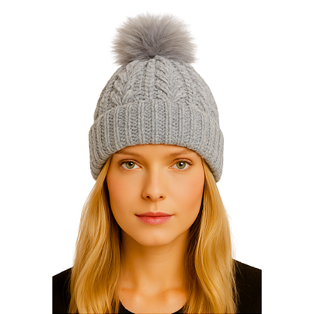 Gorro Touca de Lã Tricot Forrada co Pelúcia Fofinha Linda Cinza