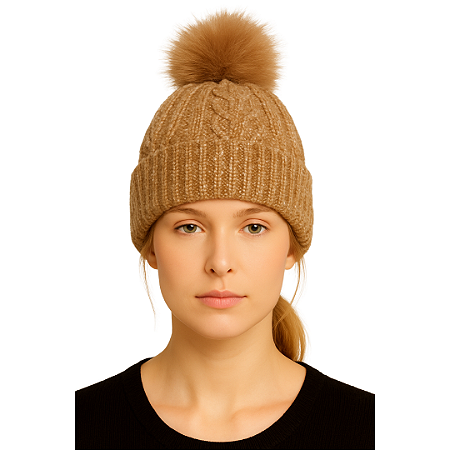 Gorro Touca de Lã Tricot Forrada co Pelúcia Fofinha Linda Marrom Claro