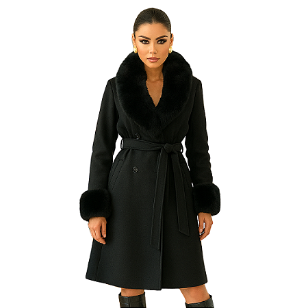 Sobretudo Lã Batida Feminino Luxuoso Gola de Pelo e Punhos Preto