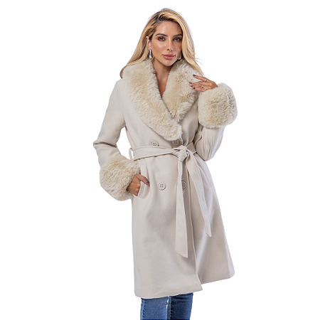 Sobretudo Lã Batida Feminino Luxuoso Gola de Pelo e Punhos Bege
