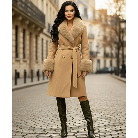 Sobretudo Lã Batida Feminino Luxuoso Gola de Pelo e Punhos Marrom Claro