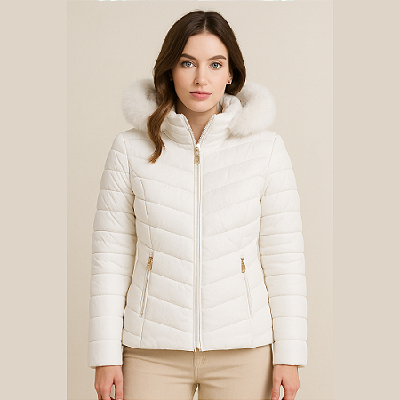 Jaqueta Feminina Nylon Forrada Com Pelos Capuz Removível Branco