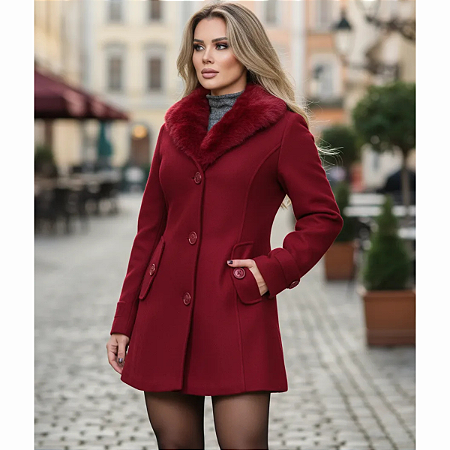 Sobretudo Lã Batida Forrado com Pelo Pele na Gola Casaco Top Bordô