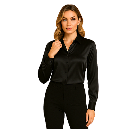 Camisa Social Feminina com Gola Lapela e Decote em V Moderno Preto