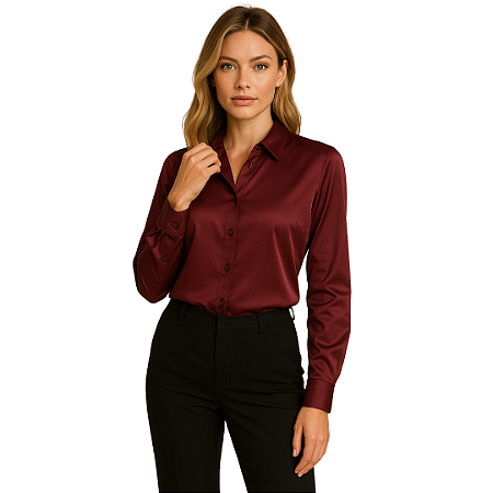 Camisa Social Feminina com Gola Lapela e Decote em V Moderno Marsala