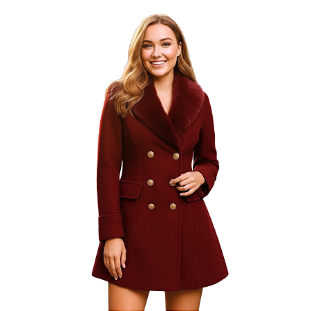Casaco Feminino Com Corte Acinturado  E Gola Pelo Luxuosa Bordô